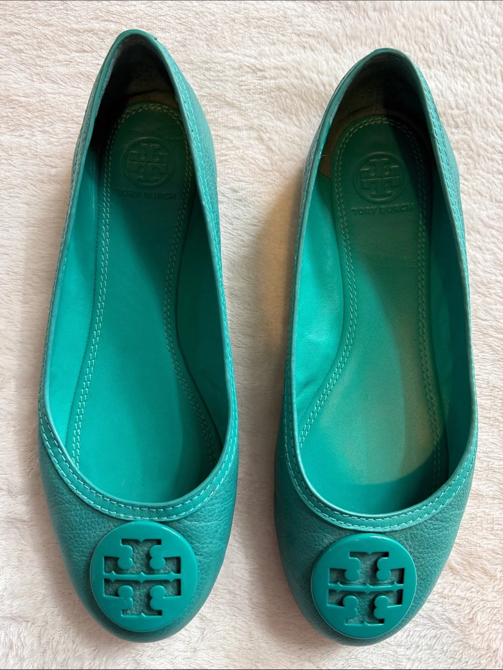 Tory Burch Turquoise Teal Leather Logo Ballet Flats Size 8